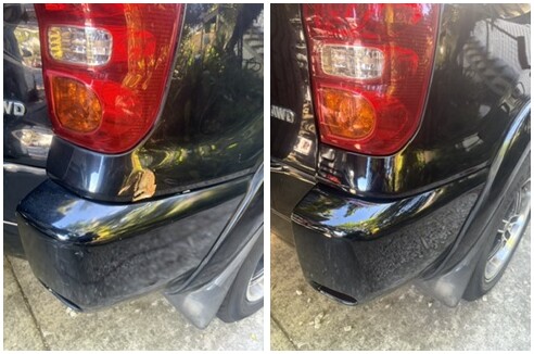 Scuffed black rear bumper corner before and after mobile bumper repair in Brisbane
