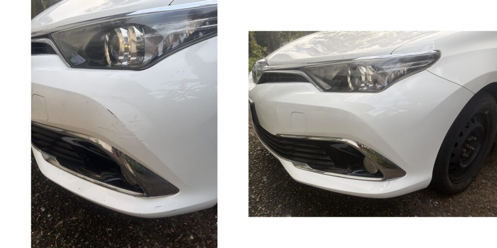 Scraped white front bumper corner before and after mobile car paint repair in Brisbane