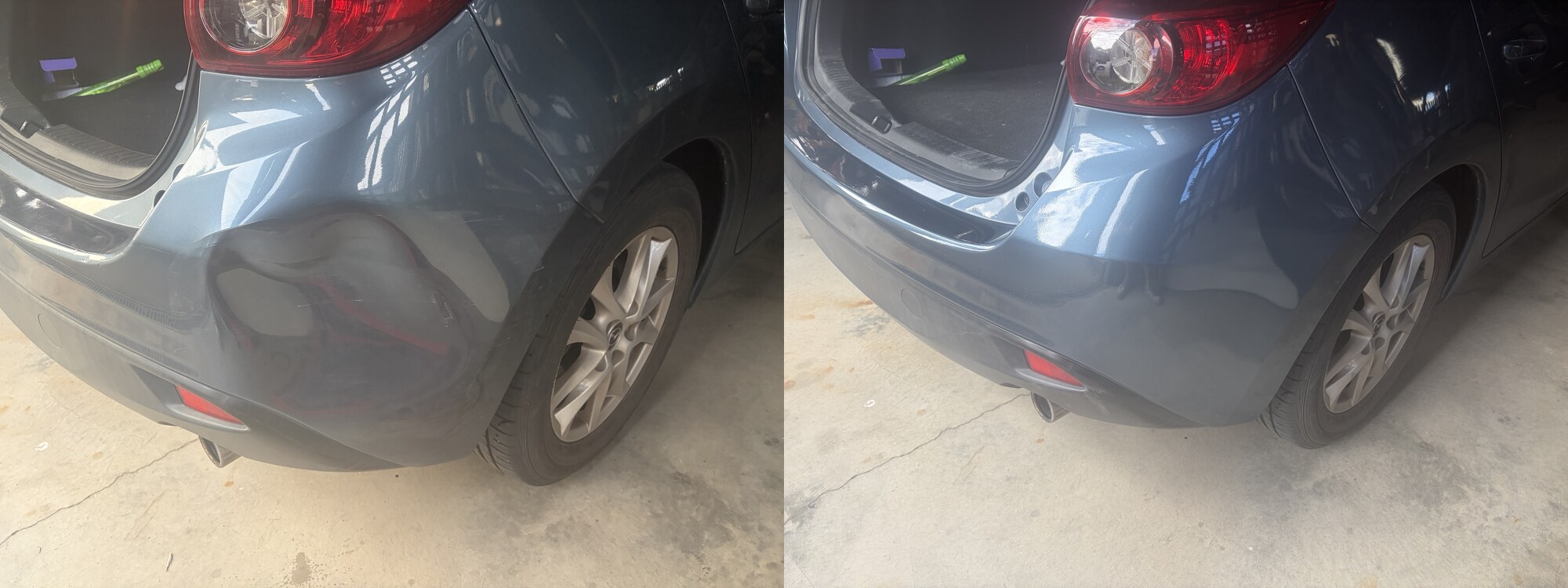 Dented rear quarter panel before and after mobile dent repair in Brisbane