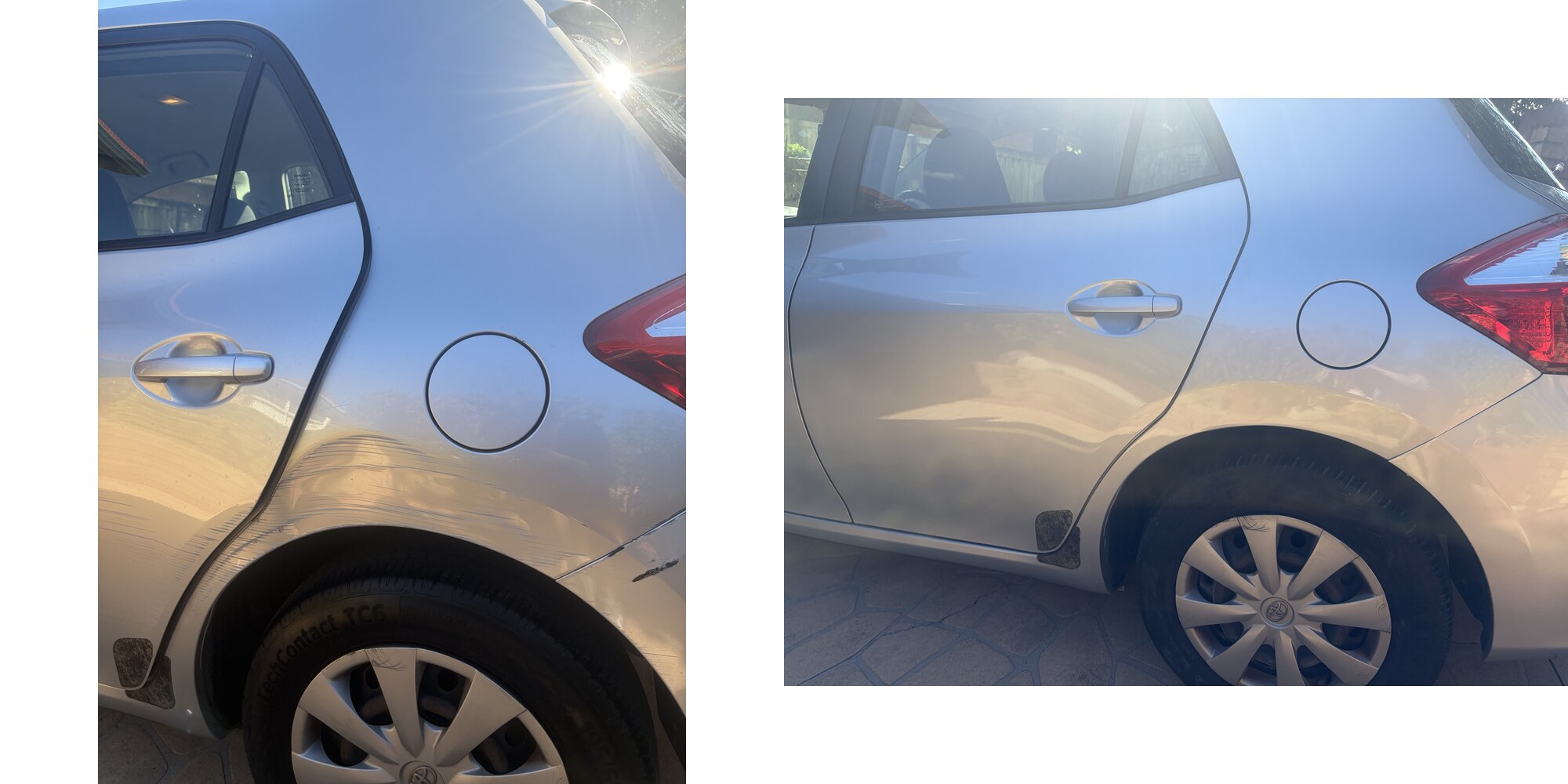 Creased rear door and quarter panel before and after mobile panel beater repair in Brisbane