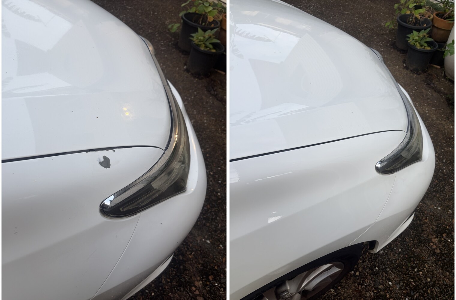 Stone chip on a white bonnet edge before and after mobile chip repair in Brisbane