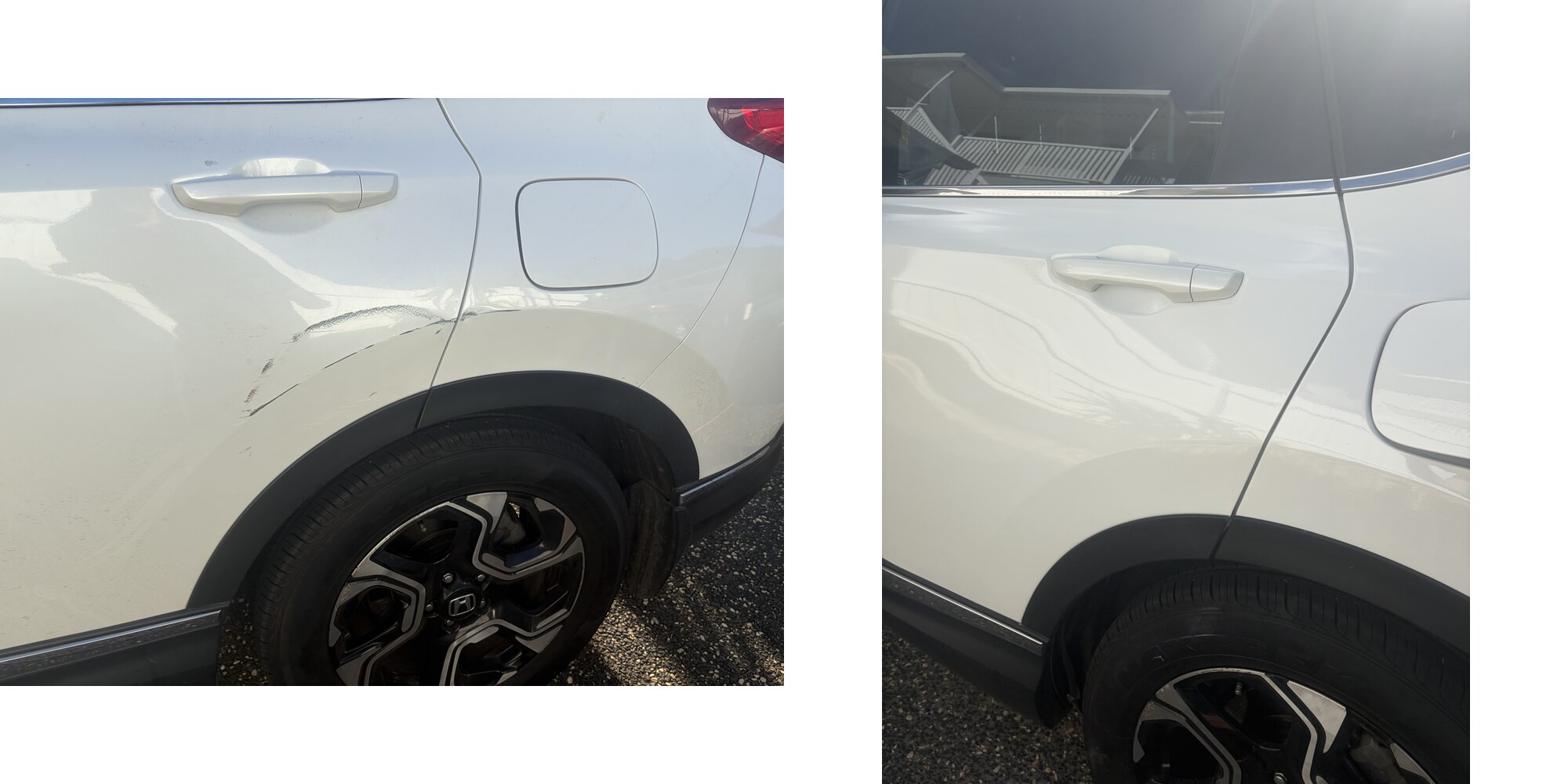Scrape running across a rear door and quarter panel before and after mobile panel repair in Brisbane