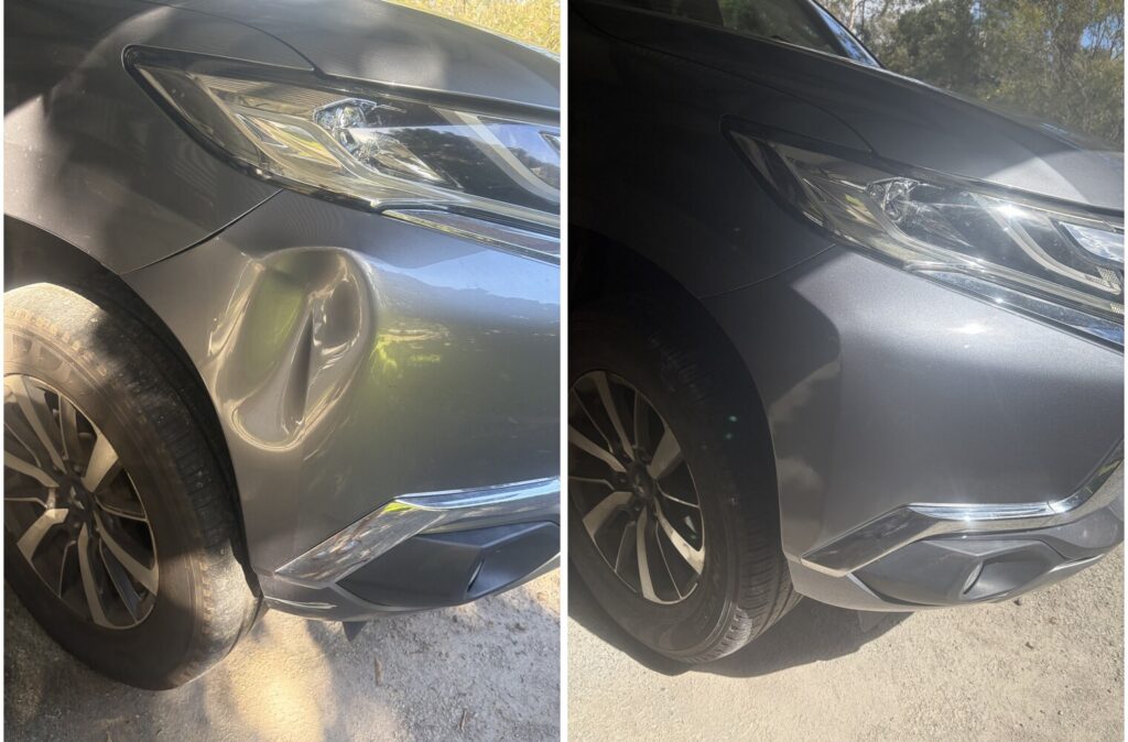 Dented grey plastic front bumper corner before and after mobile bumper repair in Brisbane