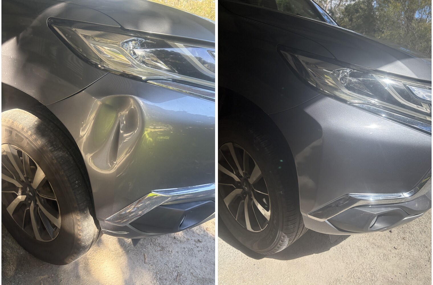 Dented grey plastic front bumper corner before and after mobile bumper repair in Brisbane