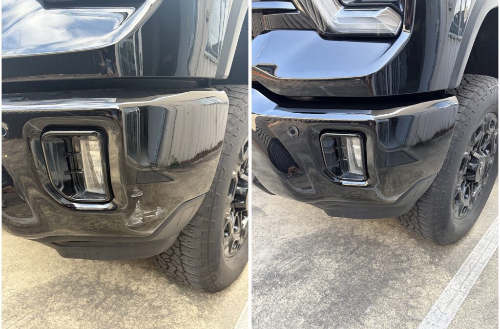 Scrape marks on a black 4WD front bumper corner under the fog light before and after mobile bumper repair in Brisbane