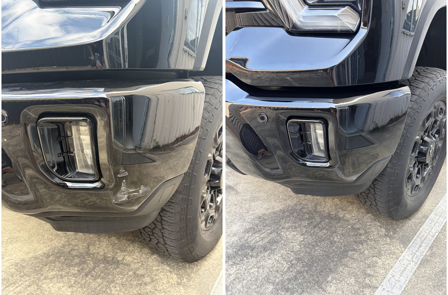 Scrape marks on a black 4WD front bumper corner under the fog light before and after mobile bumper repair in Brisbane