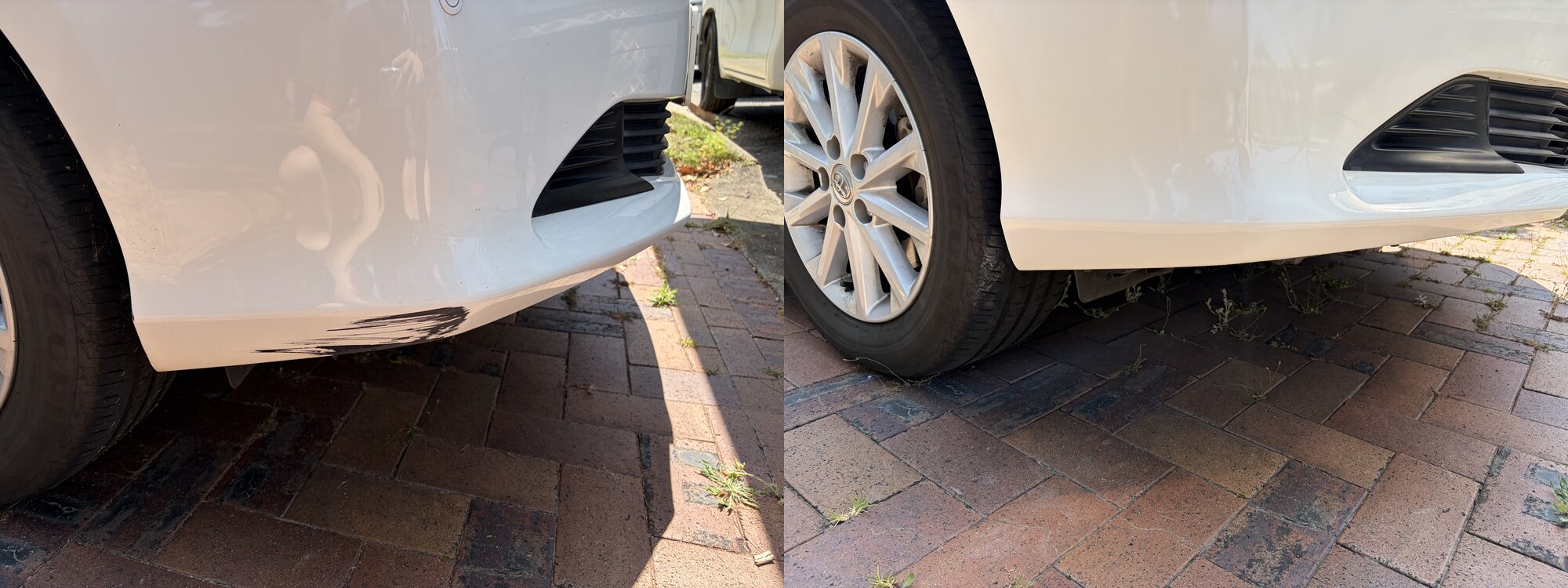 Black scuff on the lower lip of a white Toyota front bumper before and after mobile bumper repair in Brisbane
